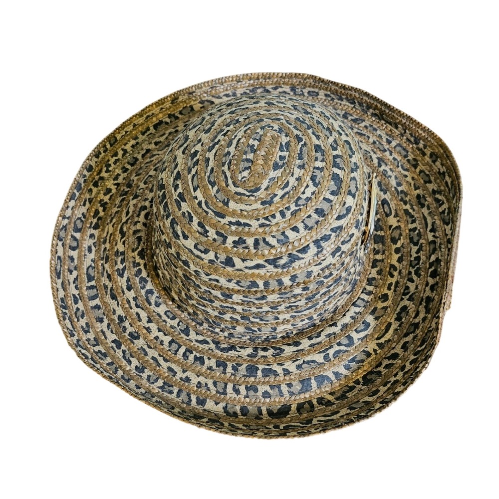 August Straw Sun Hat Women OS Brown Leopard Print Elephant Charm